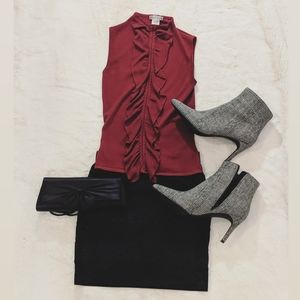 Dressy Red Blouse with Black Lace Pencil Skirt